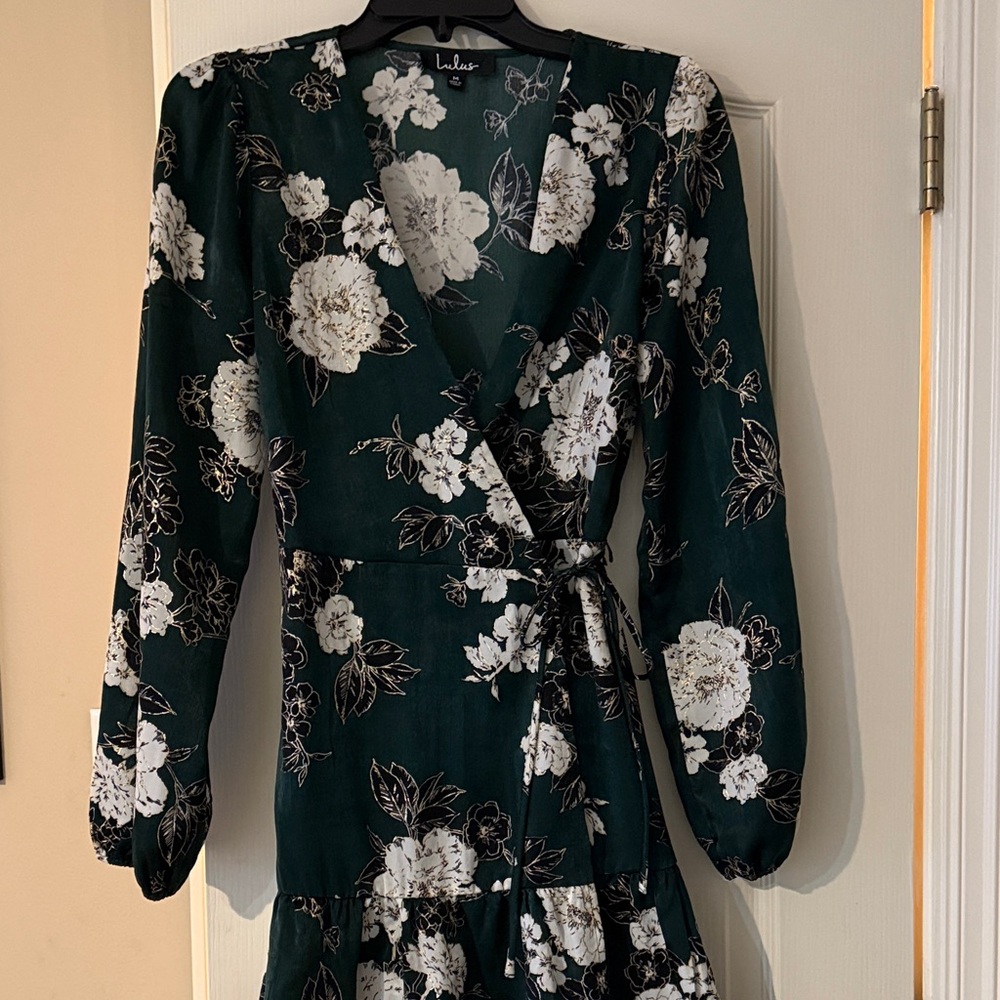 Lulu's Dark Green Floral Long Sleeve Dress